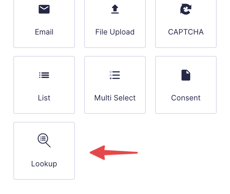 Button grid with Email, File Upload, CAPTCHA, List, Multi Select. Arrow highlights Lookup button