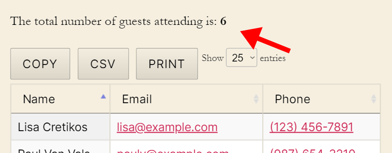 Total number of guests attending is shown as six, with buttons for copy, CSV, and print