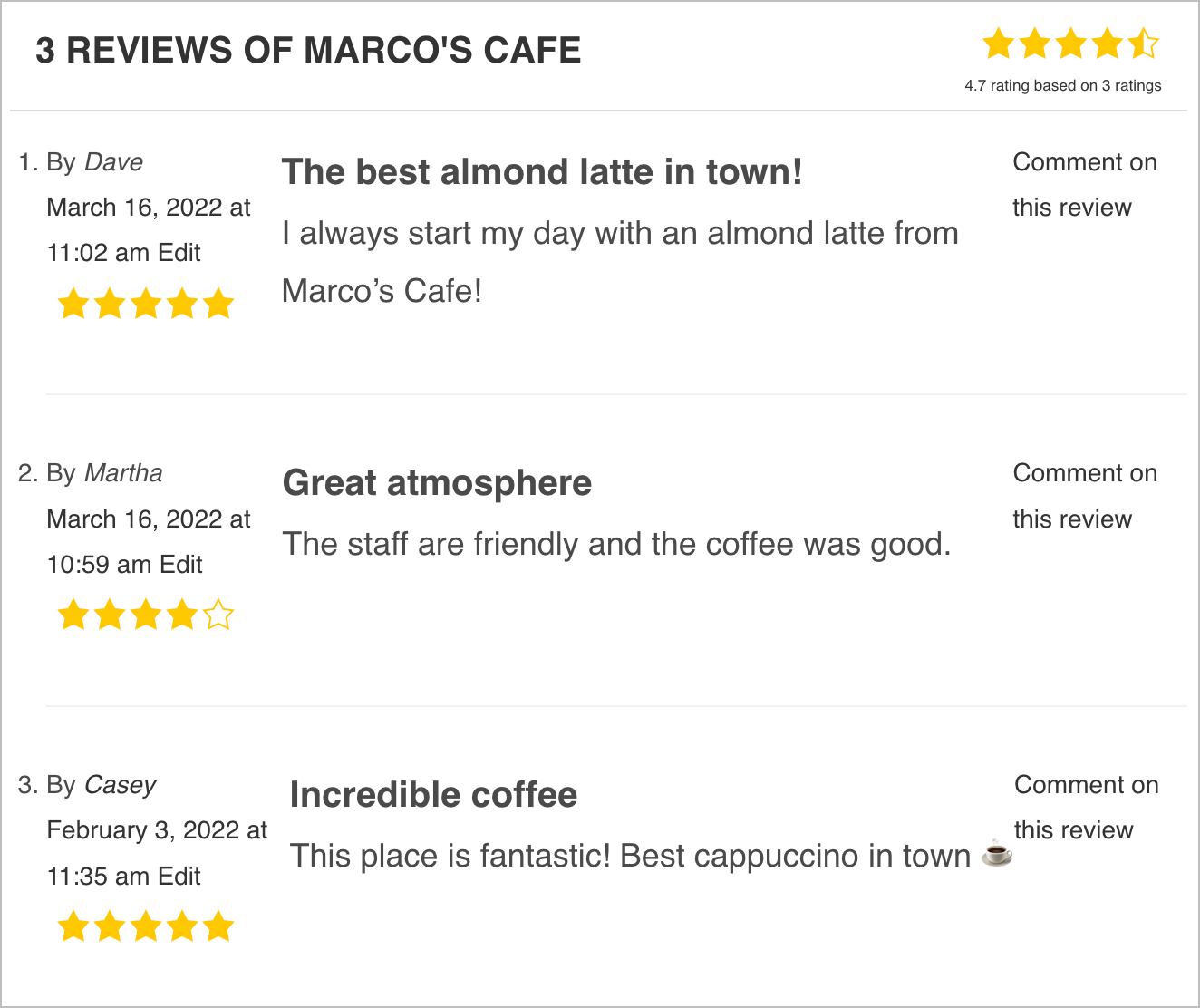 Three user reviews of Marco's Cafe with ratings and comments options