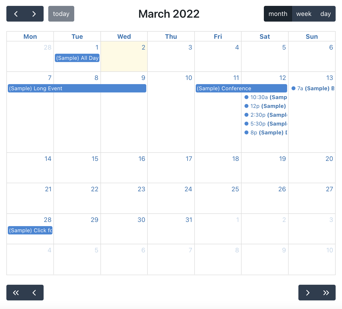 March 2022 calendar displaying events created with Gravity Forms