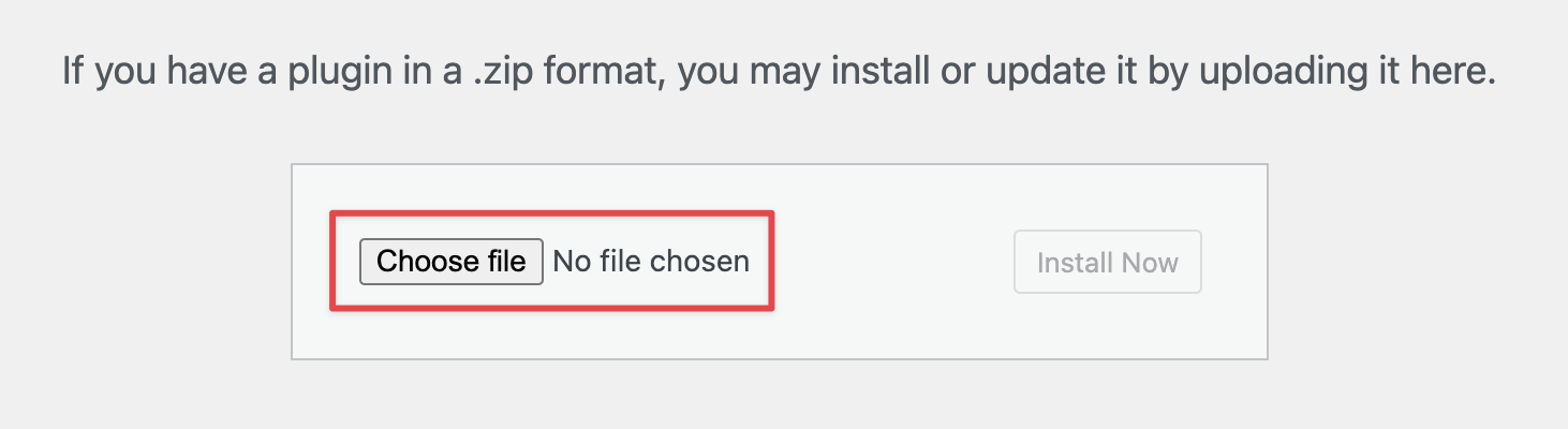 Upload screen for a .zip plugin with "Choose file" and "Install Now" buttons
