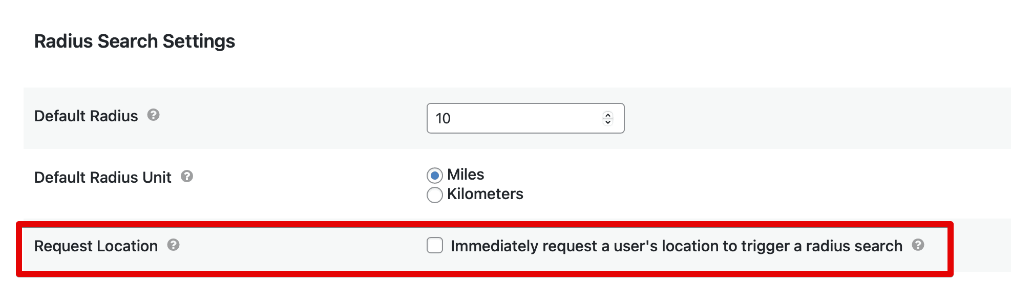 Radius Search Settings with options for default radius and request user's location for a search