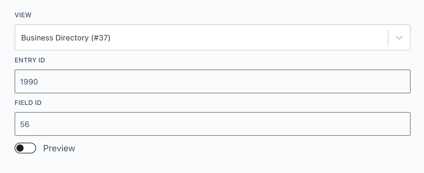 View selection and entry fields for embedding, with Preview toggle
