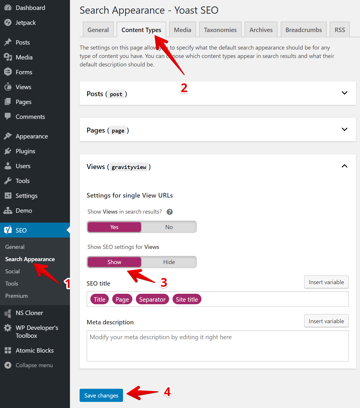 Yoast SEO settings for showing Views in search results, with options to save changes