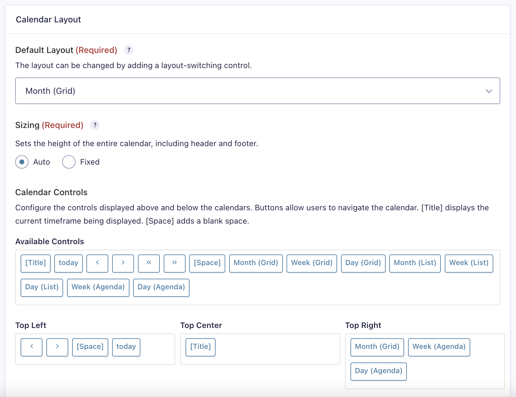Calendar settings showing layout options and navigation controls configuration