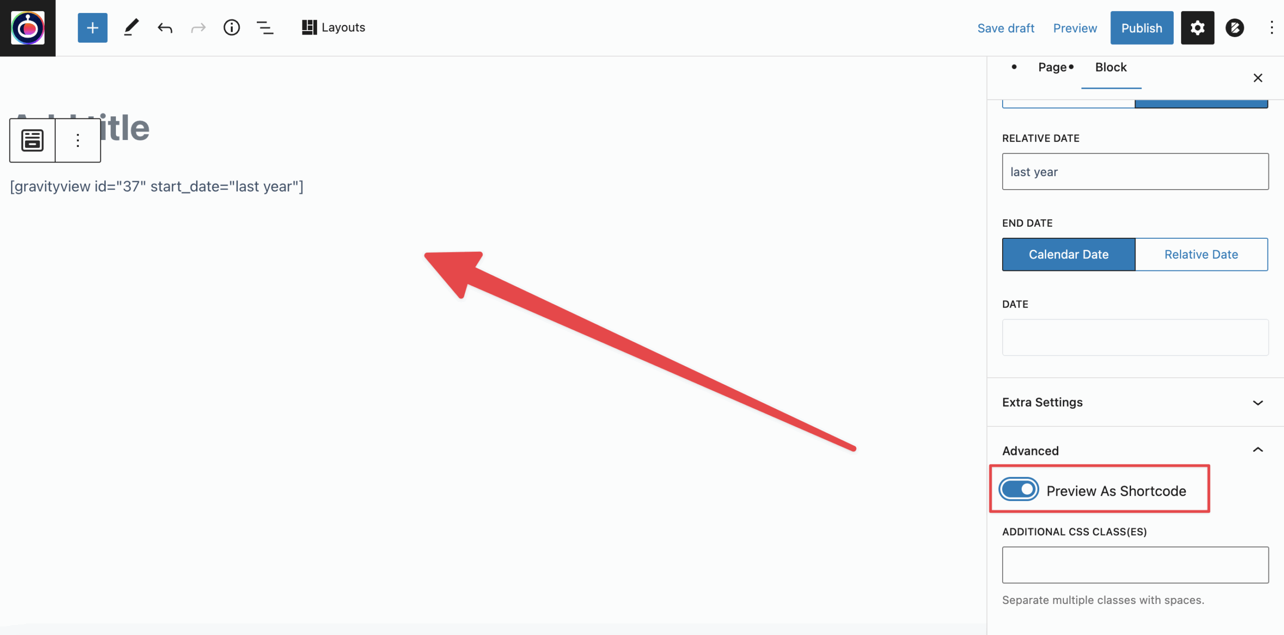 Shortcode block settings shown with "Preview As Shortcode" toggle in advanced options