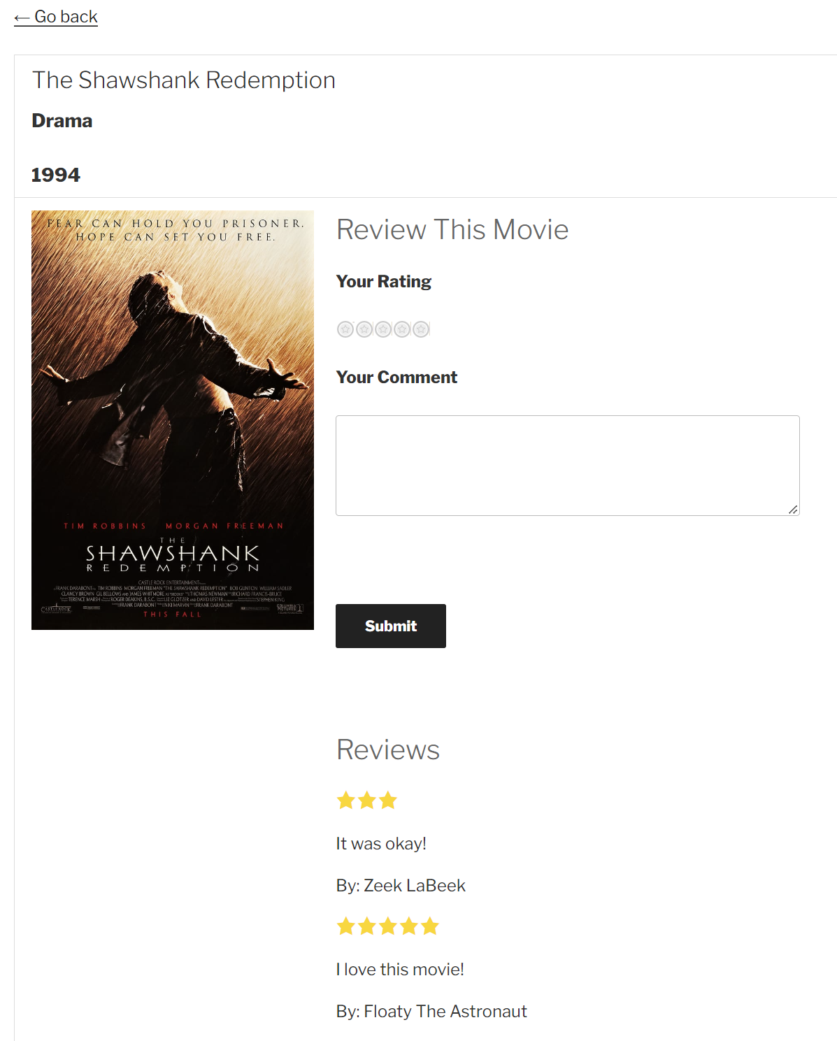 Movie review form with rating stars, comment box, and submit button; includes past reviews section