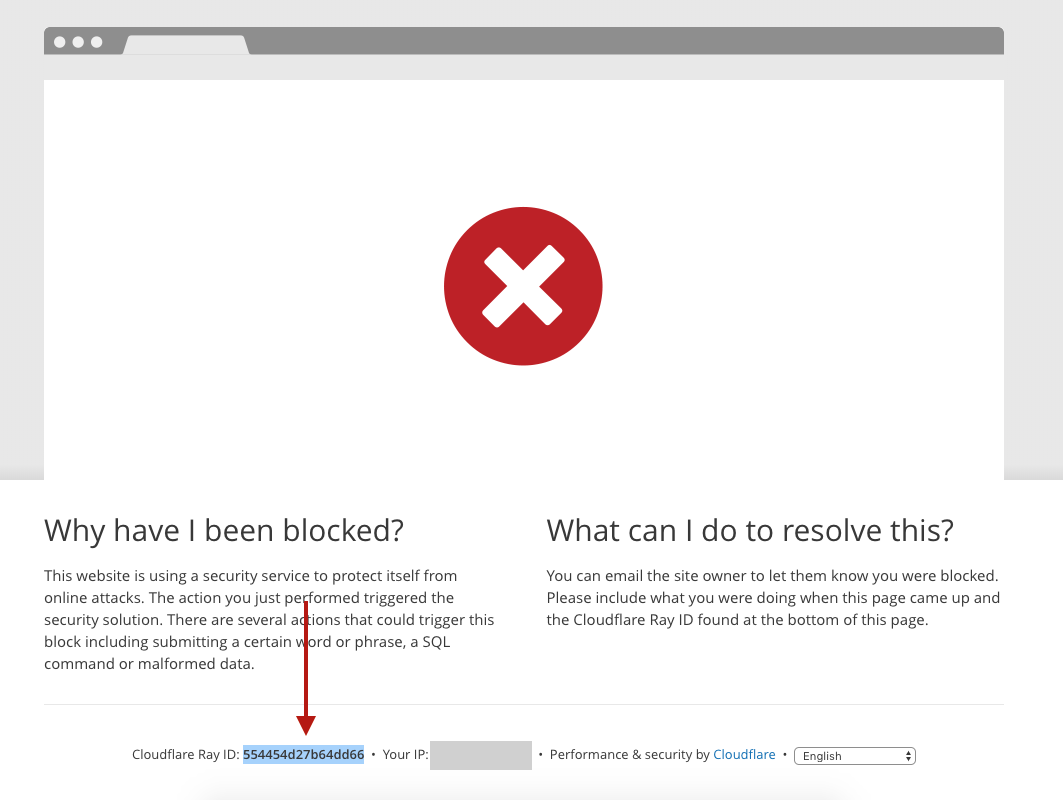 Cloudflare block page showing Ray ID 554454d27b64dd66 for troubleshooting or contacting support