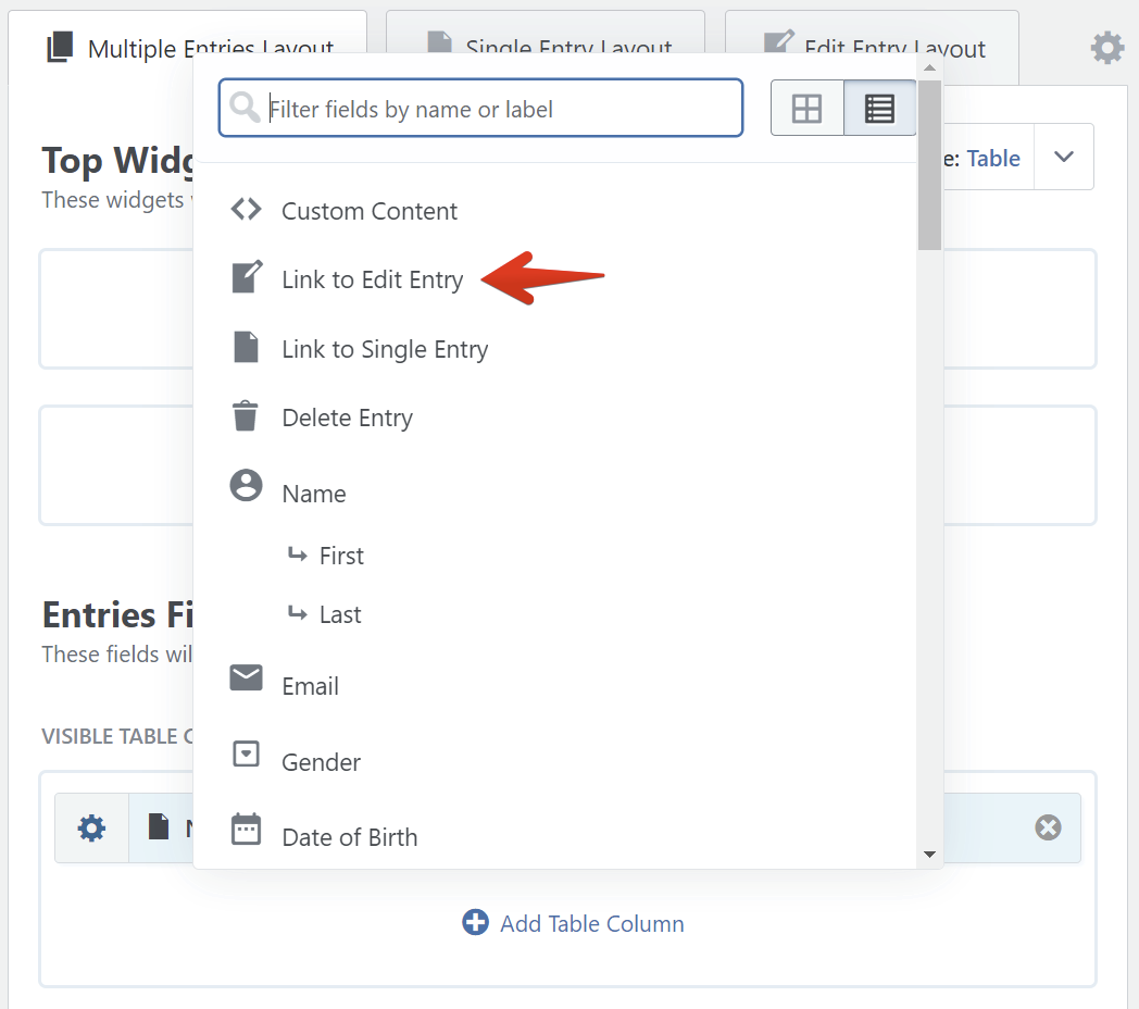 Dropdown menu showing options for linking or deleting entry fields in an editing interface