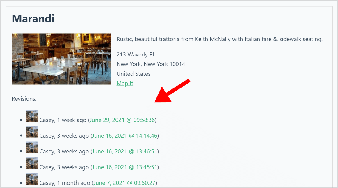 Location and revision history for Marandi restaurant with map link feature