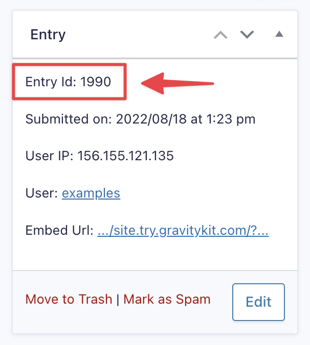 Entry details with ID 1990, submission date, user IP, username, and embed URL options