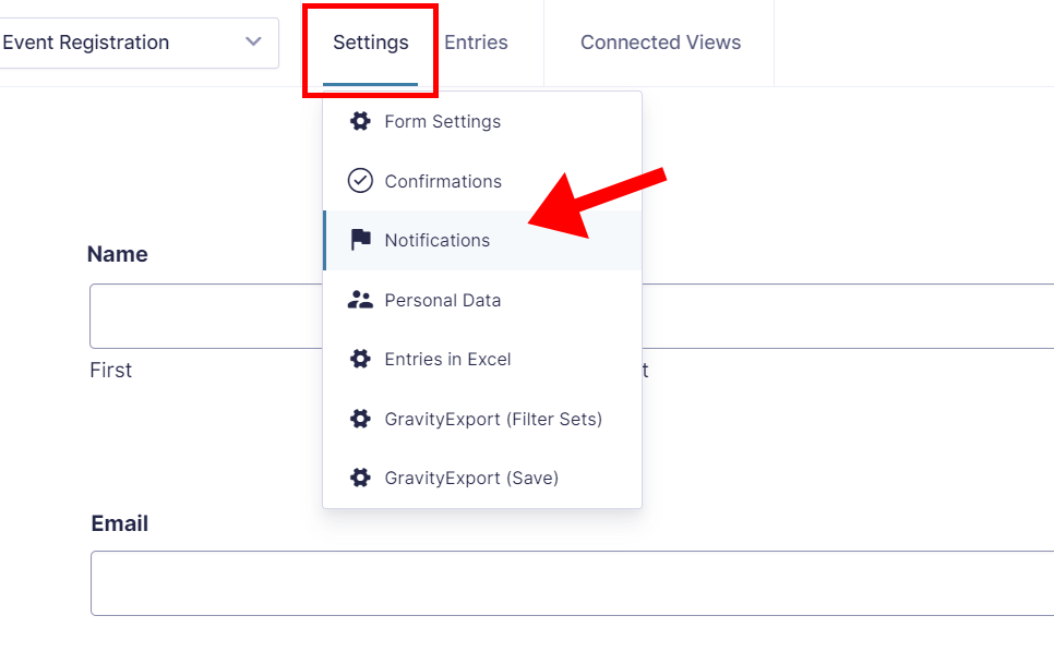 Gravity Forms settings menu open, highlighting the Notifications option