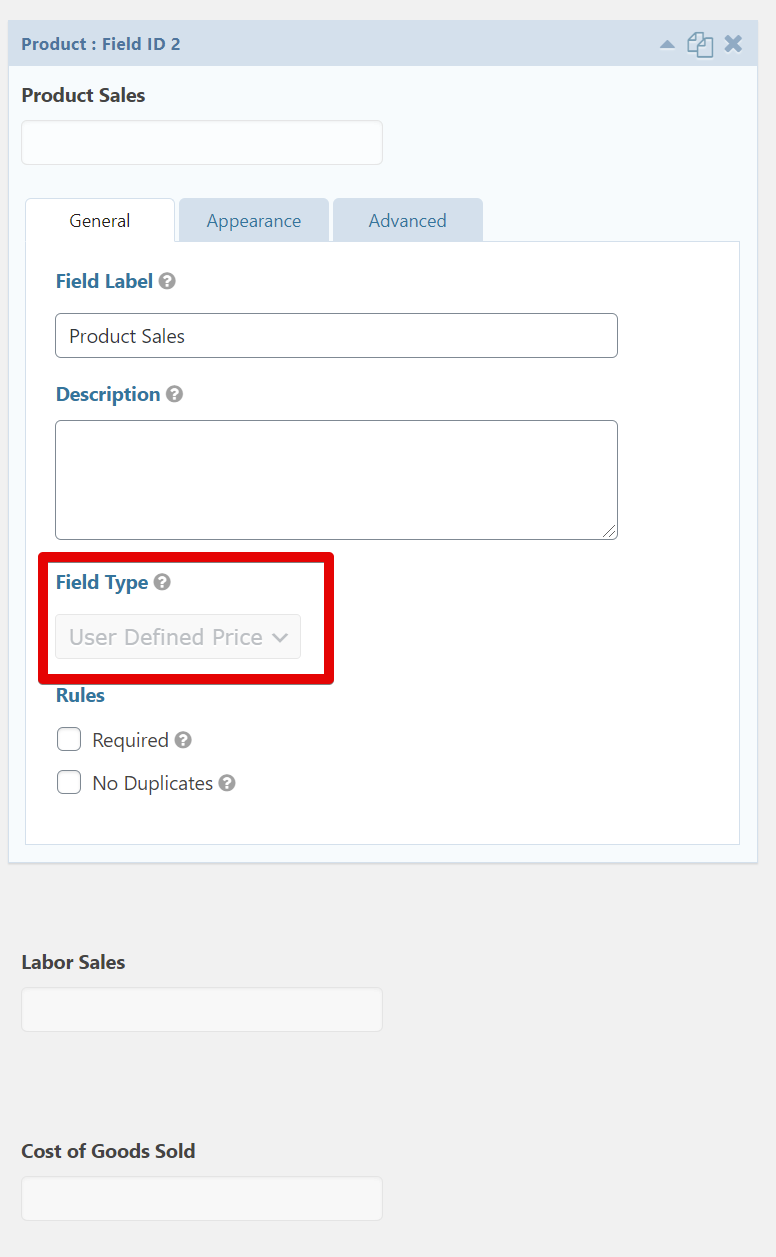 Product sales field setup with user-defined price and validation rules options