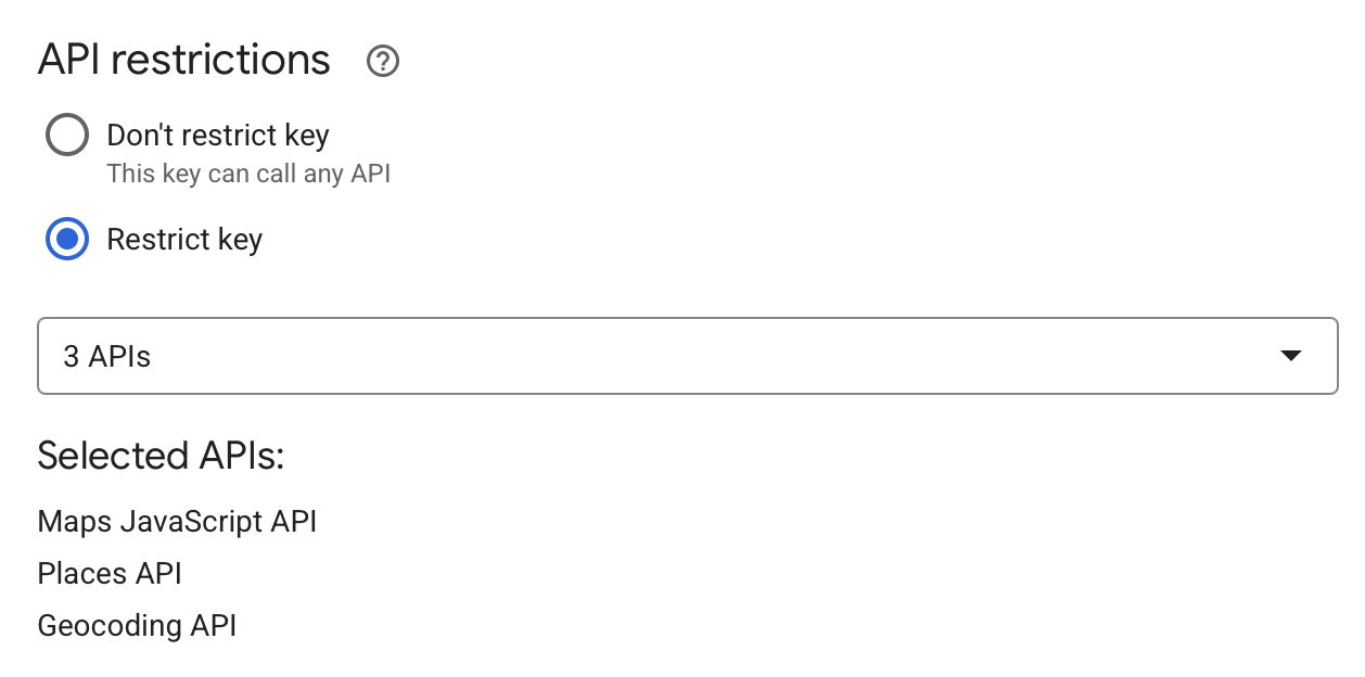 API key restriction showing Maps, Places, and Geocoding APIs selected