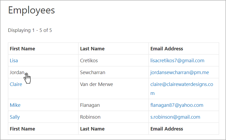 Employee table with names, last names, emails; cursor on "Jordan"