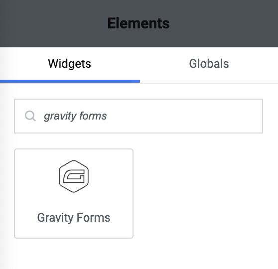 Gravity Forms widget search in Elementor's elements tab, with widget available for selection