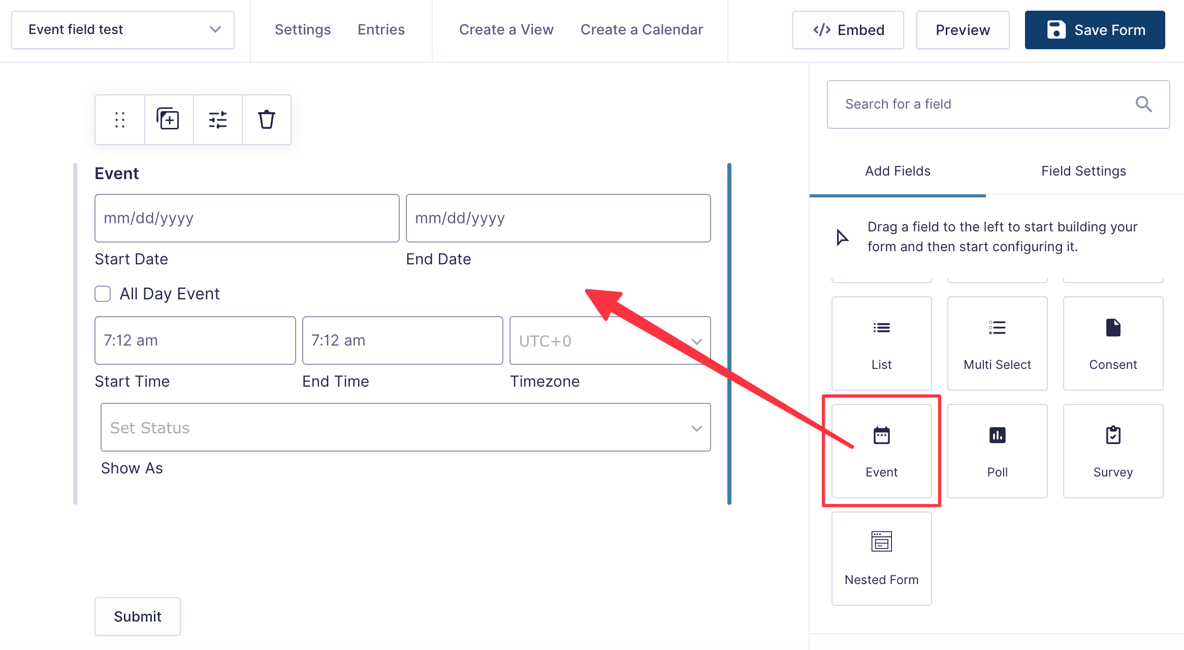 Gravity Forms interface showing Event field with options for date, time, and timezone selection