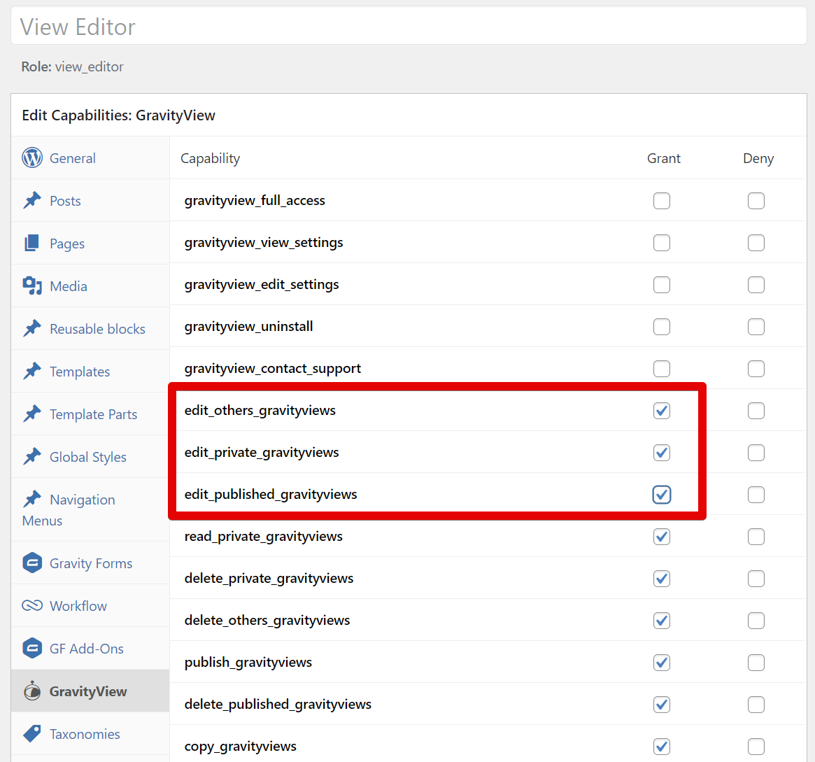 View Editor role settings; grants editing capabilities for others', private, and published GravityViews