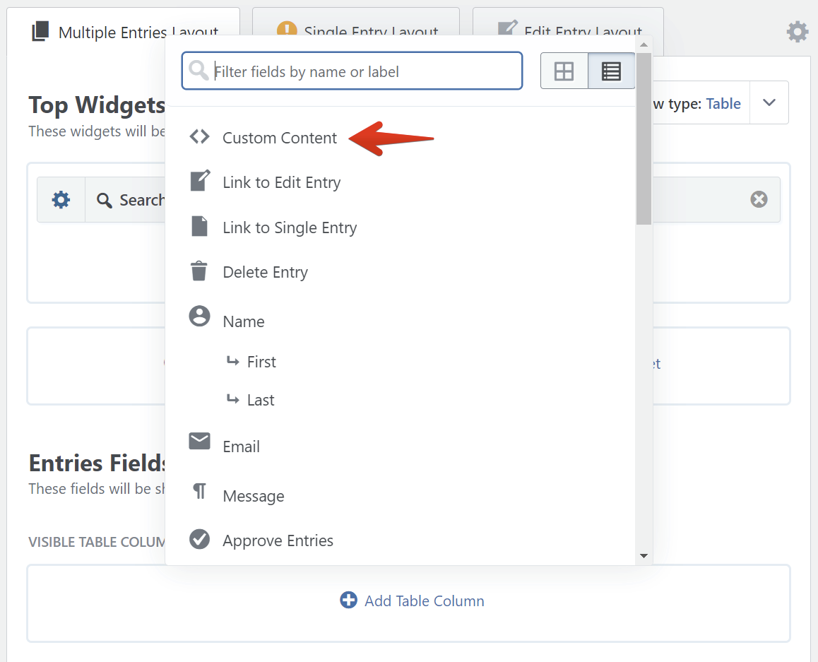 Dropdown menu showing "Custom Content" selected for adding fields in a widget layout