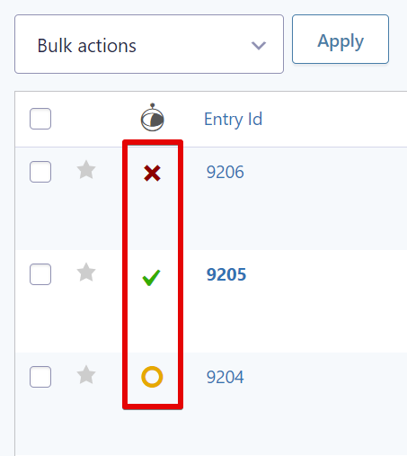 Column with approval icons for entries 9206, 9205, 9204 in a list view
