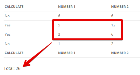 Highlighted rows show calculations with totals summed to 26