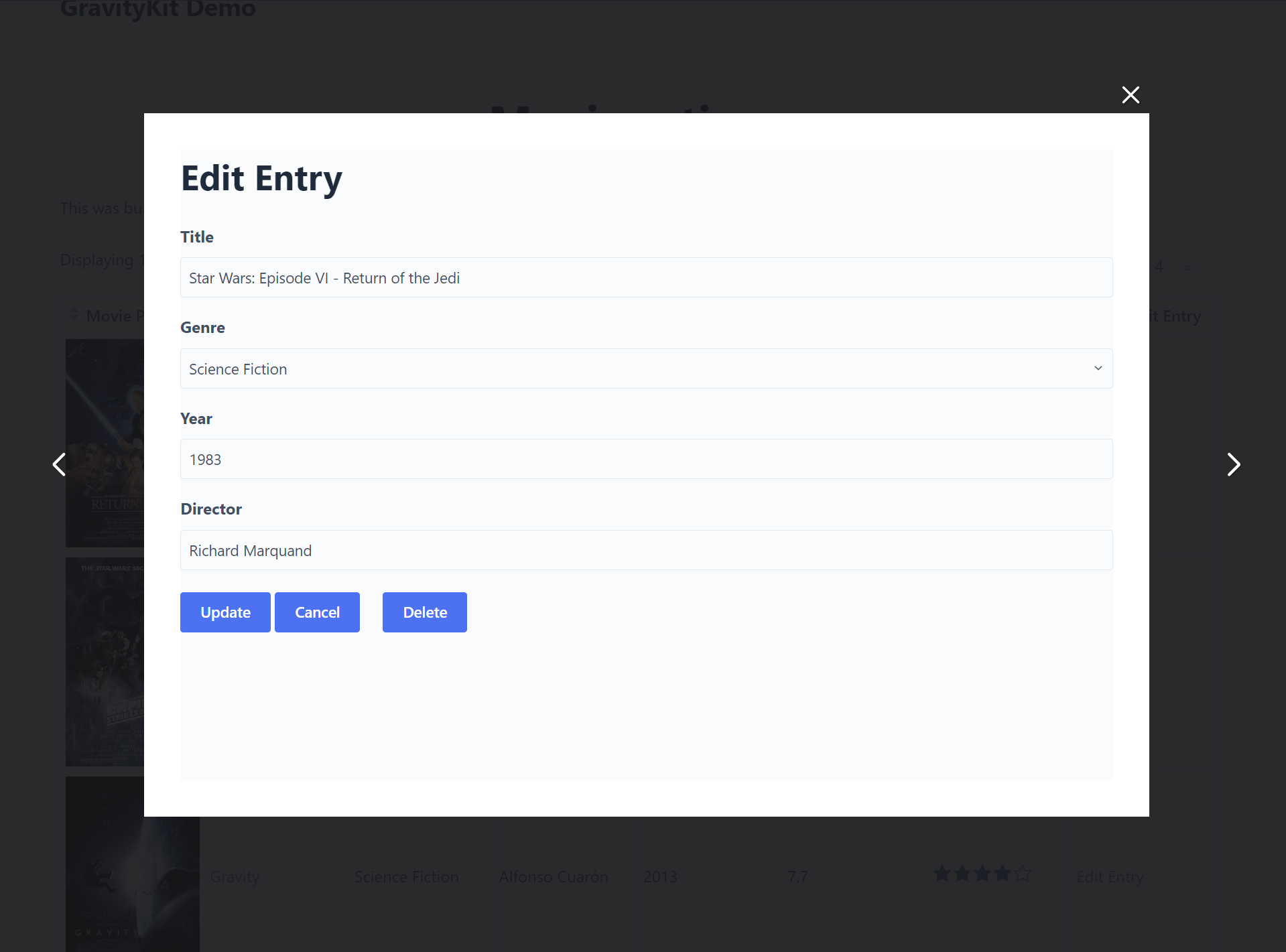 Edit entry form in modal with fields for title, genre, year, director, and options to update, cancel, delete