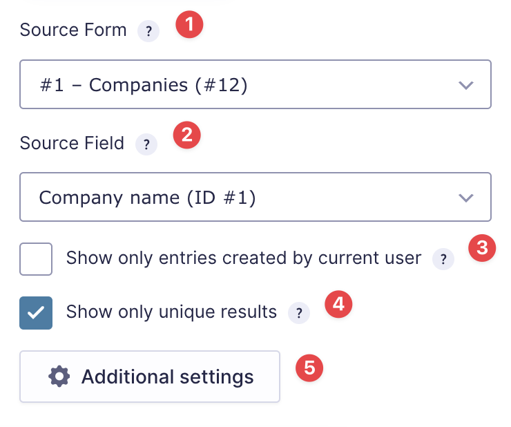Source form and field settings for dynamic lookup, with options for unique results and user-specific entries