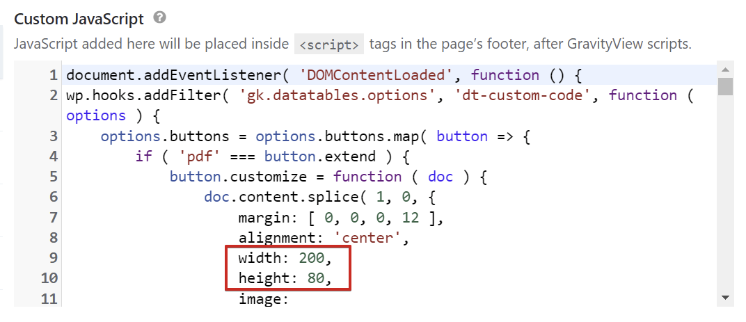 JavaScript code snippet customizing PDF export button to include a company logo with specific width and height