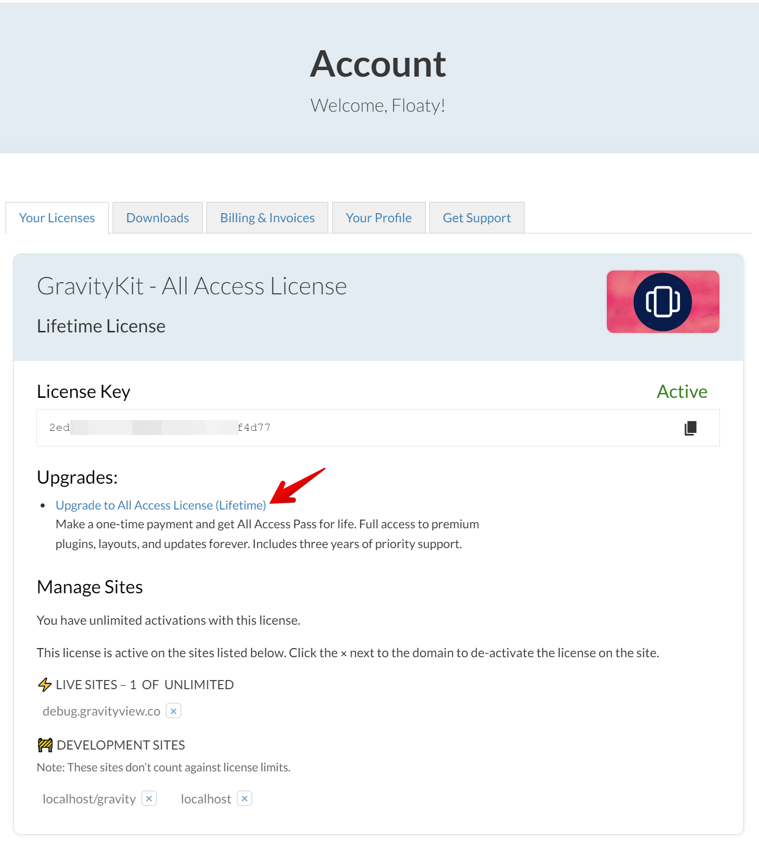 Account page displaying an active GravityKit license with upgrade and site management options