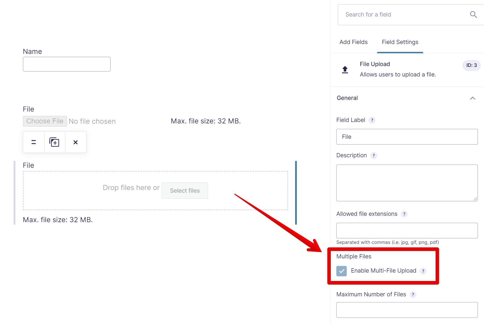 Enable multi-file upload option checked for file upload settings