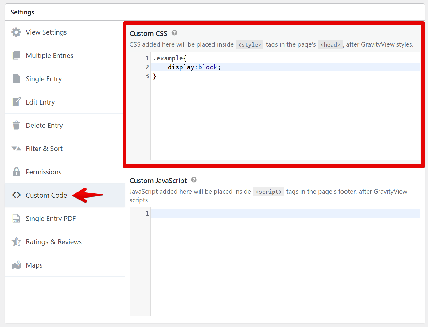 Custom CSS field in settings panel with example code to display elements as blocks