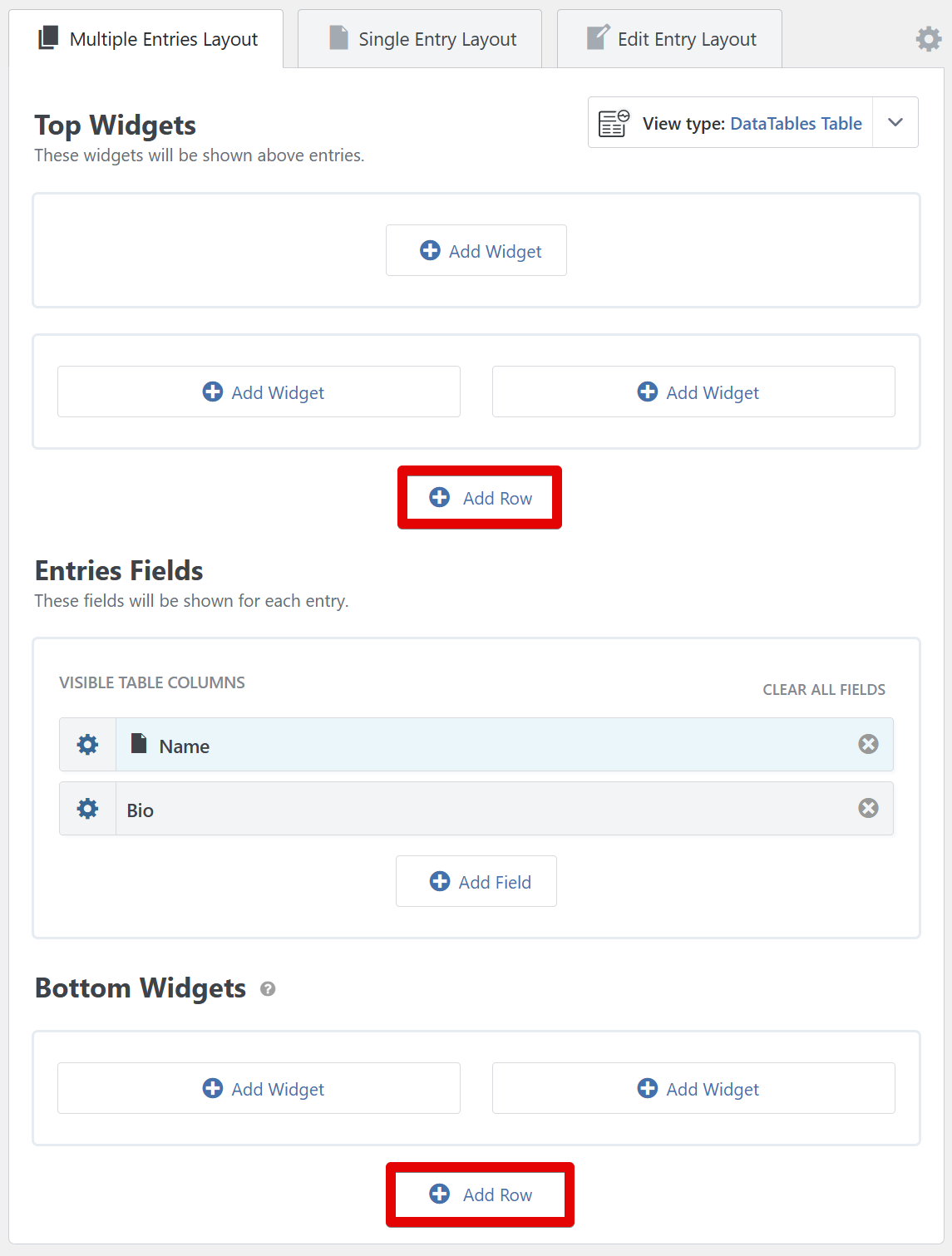 Interface for adding widgets and rows in a layout, with options for organizing entry fields