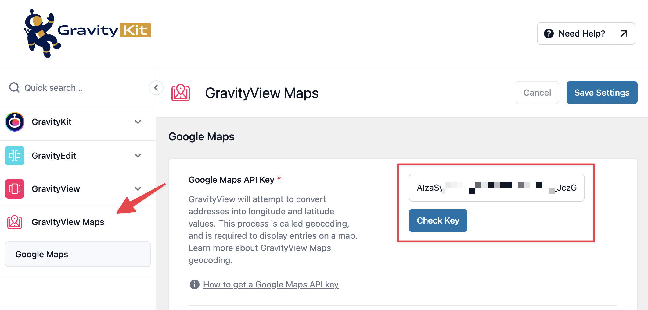 GravityView Maps API Key entry field with "Check Key" button