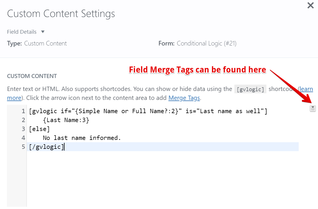 Custom content settings show conditional logic for displaying fields based on user input for name details