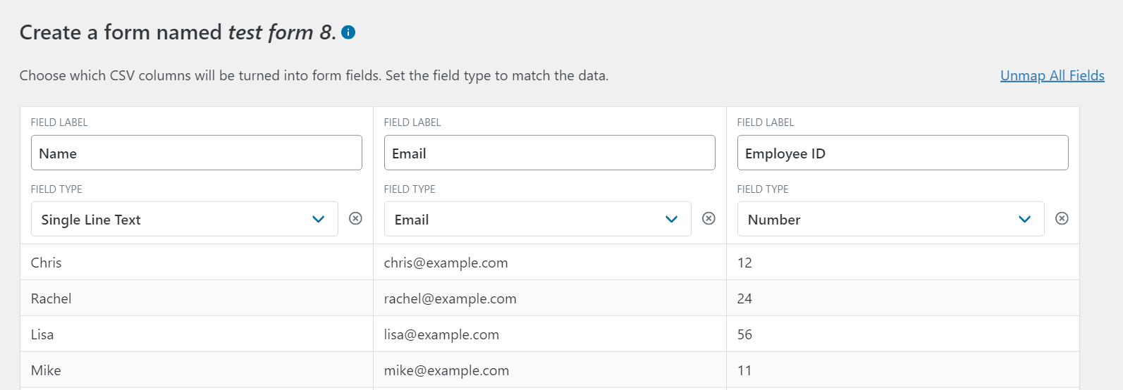 Mapping fields from the CSV file to the correct field type in Gravity Forms