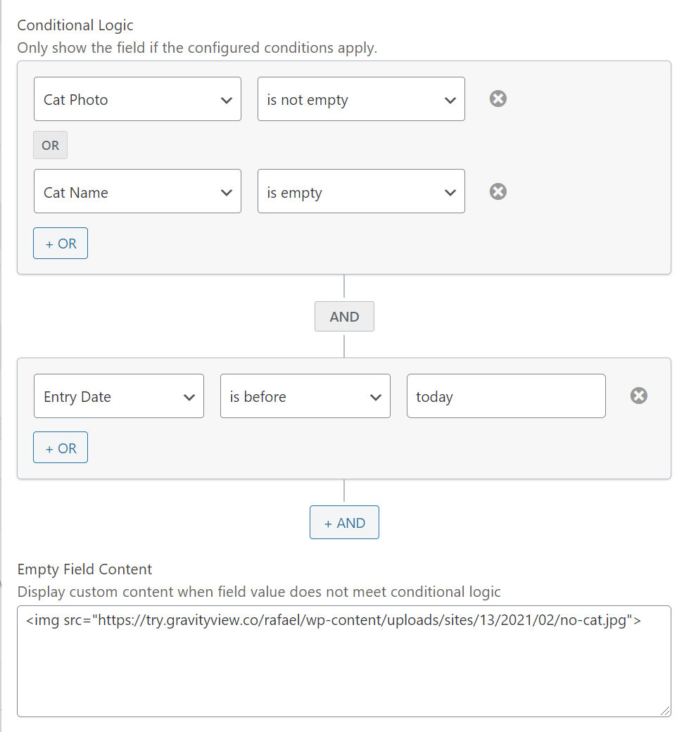 Conditional logic setup for fields with Cat Photo, Cat Name, and Entry Date conditions
