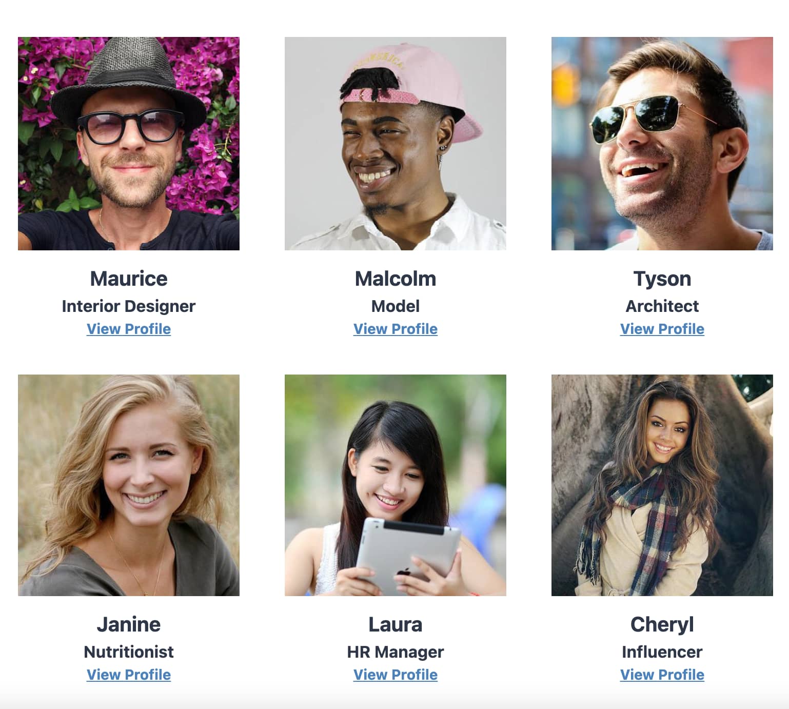 Grid layout of six professionals with names, titles, and profile links