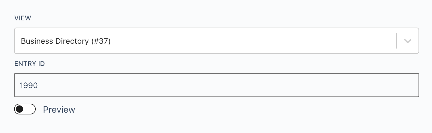 View selection dropdown labeled "Business Directory (#37)" and Entry ID field with "1990" entered. Preview toggle