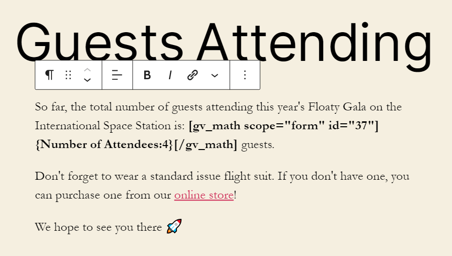 Guests attending shown with a Gravity Forms math shortcode for calculating number of attendees