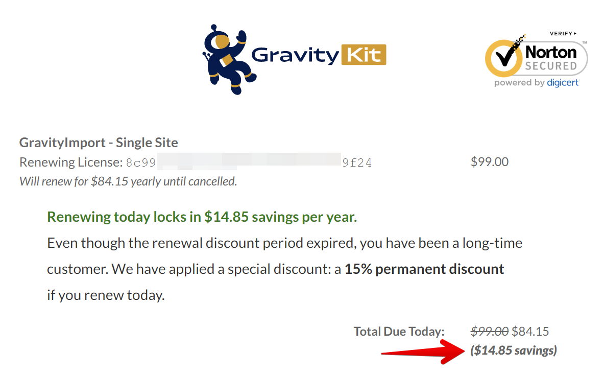 GravityKit account renewal discount of $14.85, totaling $84.15 due today