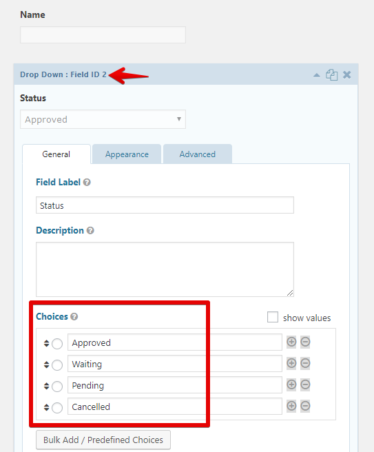 Dropdown field setup with status options: Approved, Waiting, Pending, Cancelled