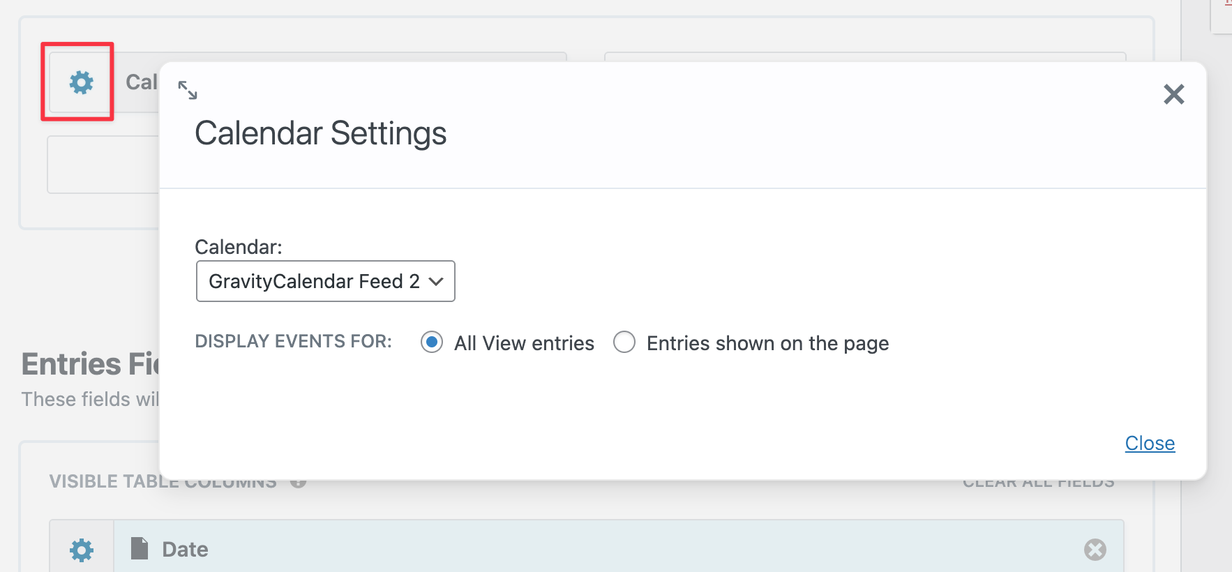 Calendar settings panel showing GravityCalendar Feed 2 and display options for events