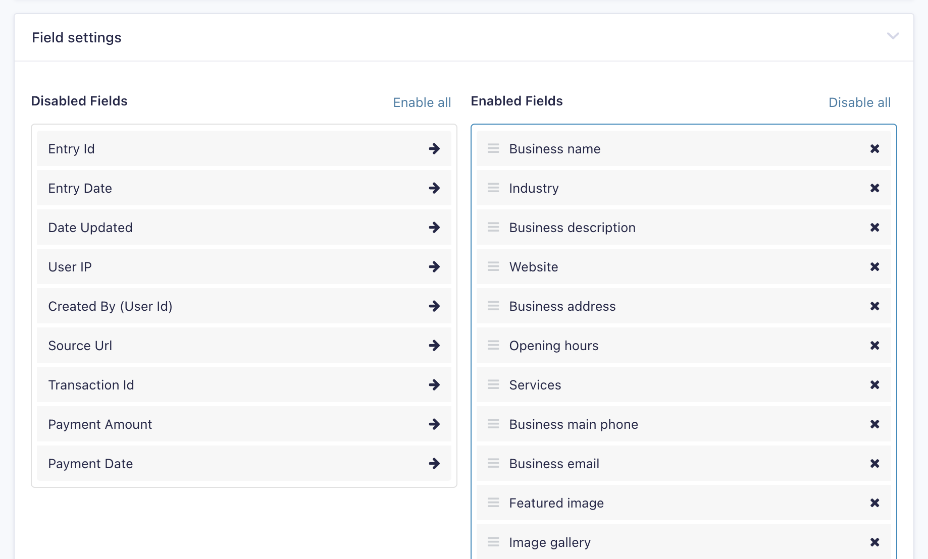 Field settings panel showing disabled and enabled fields for data export configuration