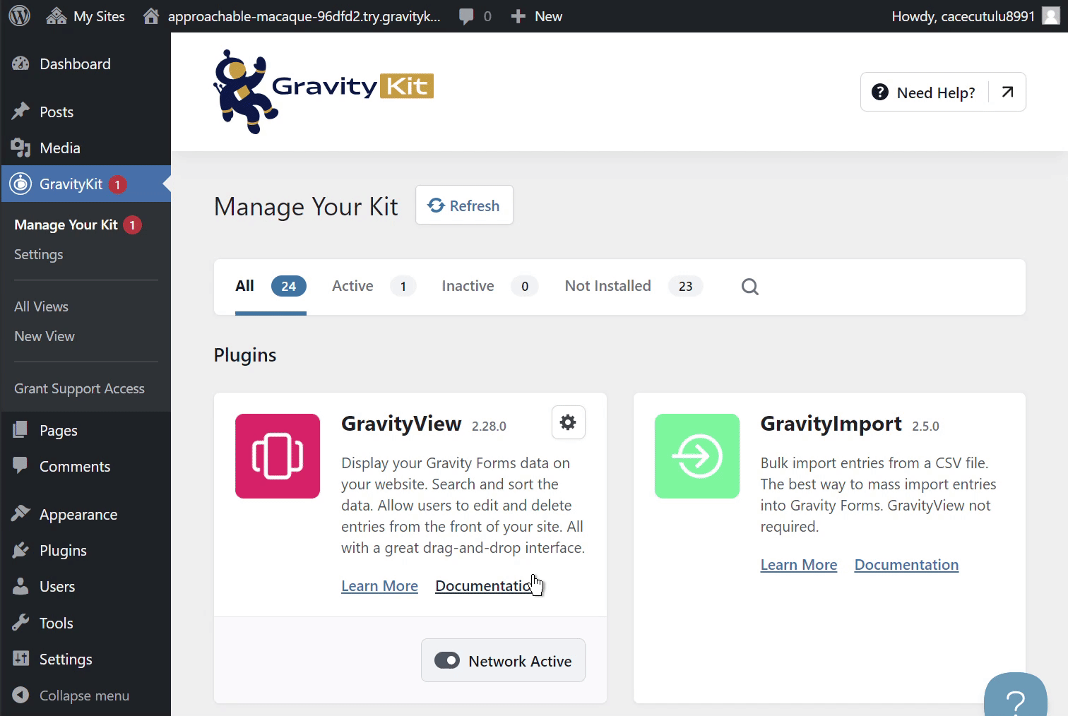 Managing GravityKit plugins with options to activate, view documentation, and refresh status