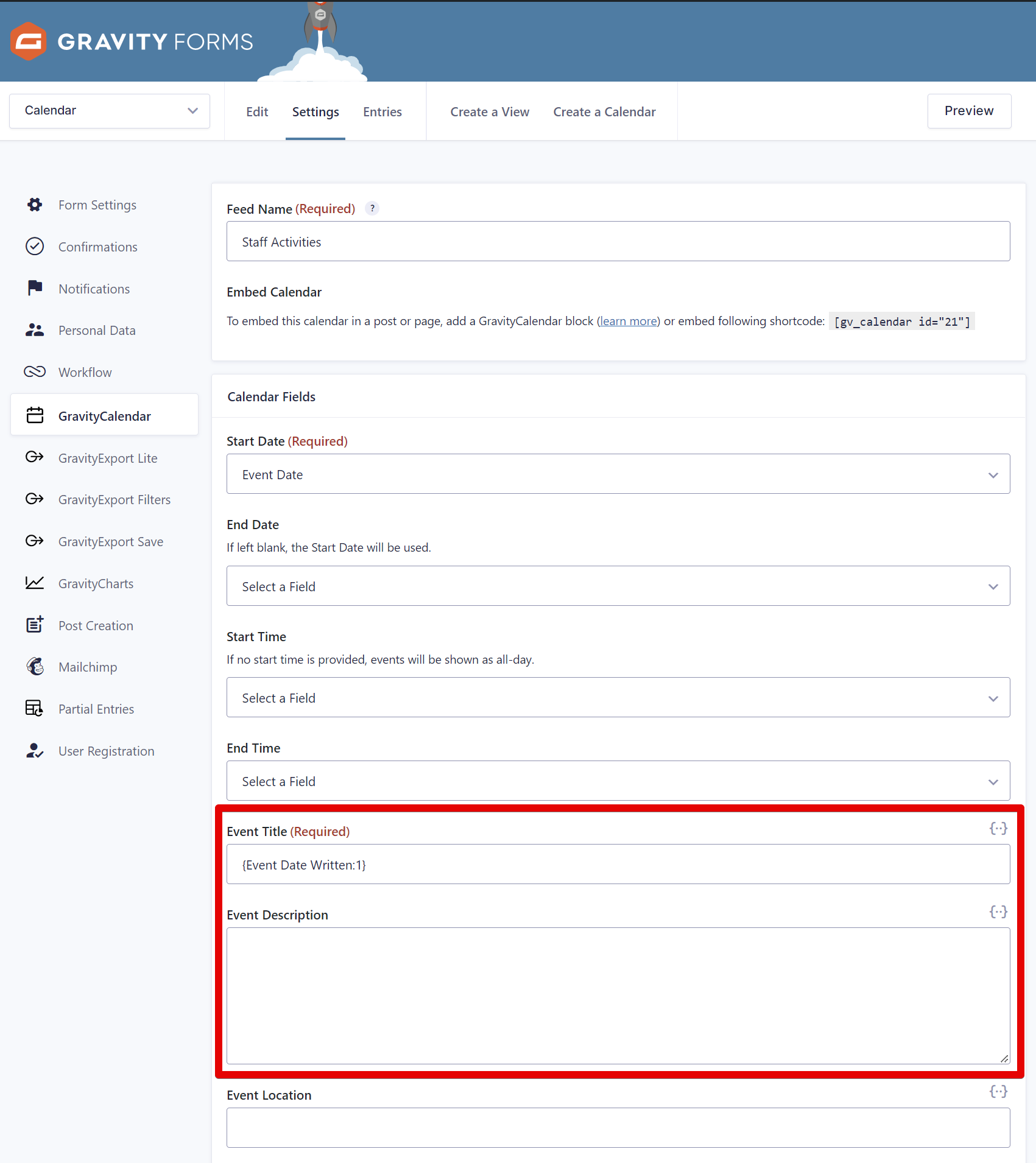 Gravity Forms settings for embedding calendars and setting event details