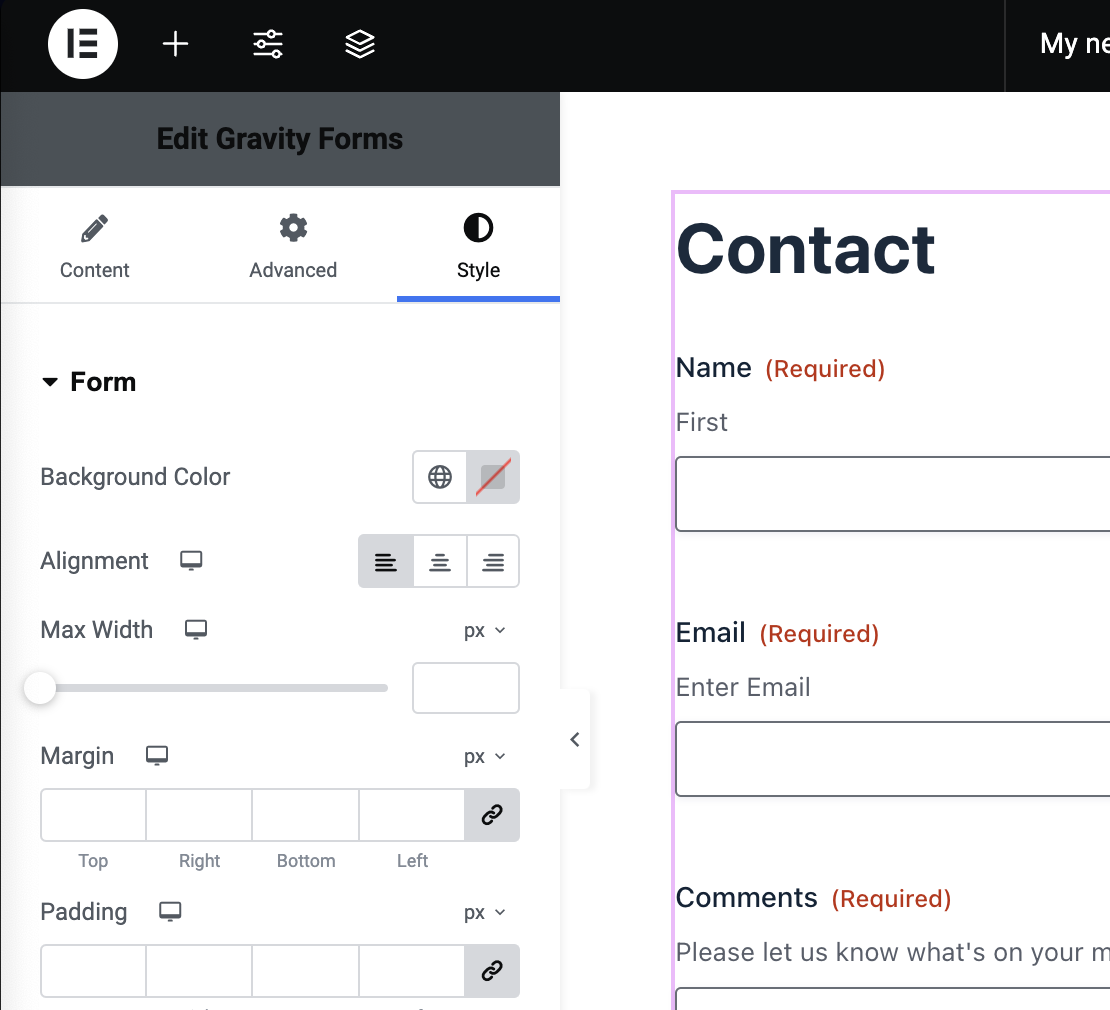 Gravity Forms settings in Elementor, showing form style options and a contact form preview