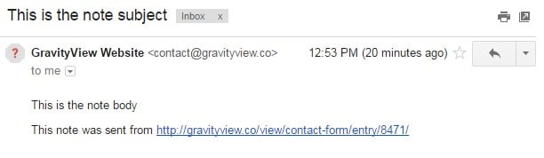 Email from GravityView with subject and body text, including a URL link for viewing entry details