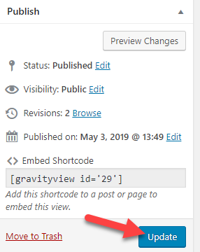 WordPress post settings with published status, shortcode, and update button highlighted