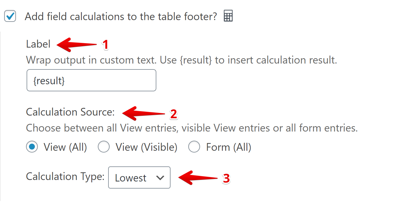 Checkbox to add field calculations, options for label, source, and calculation type
