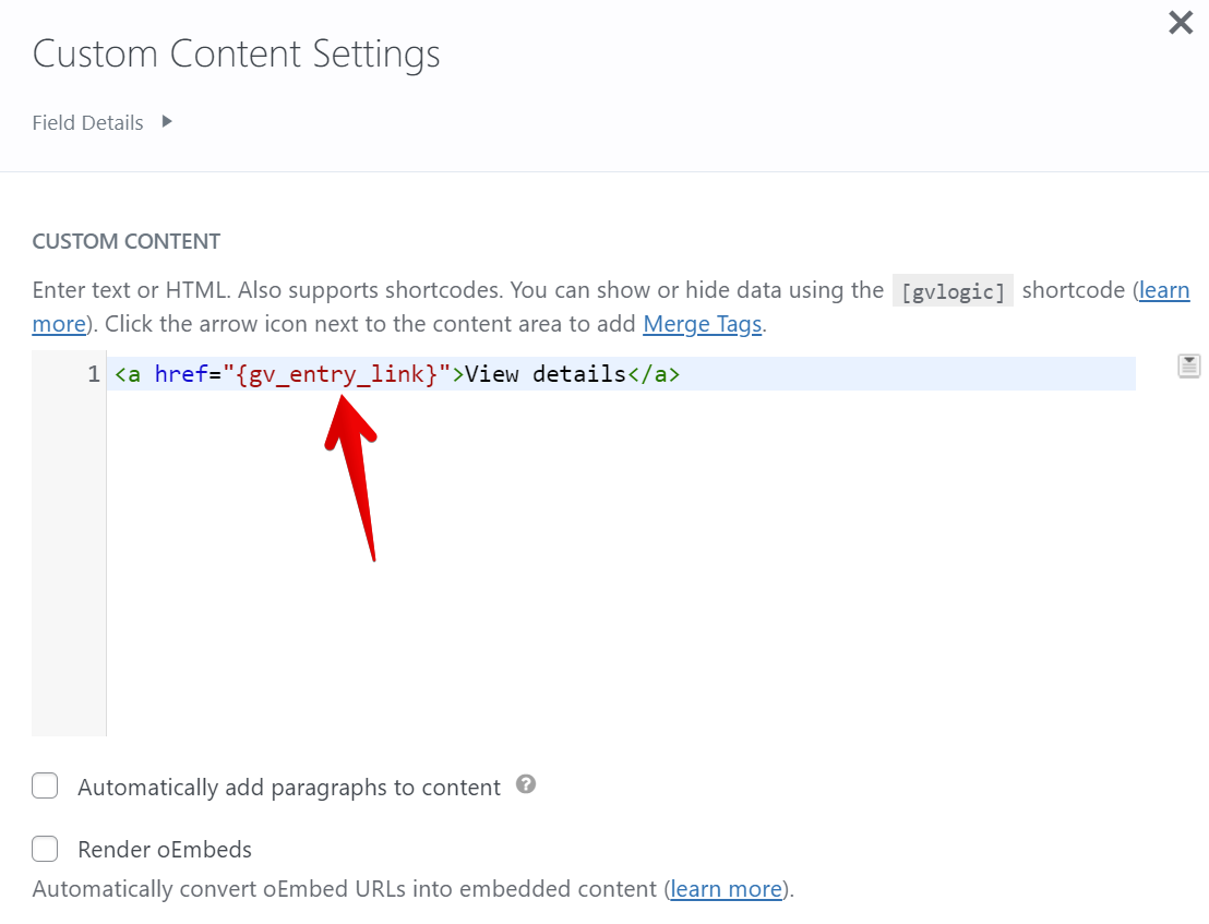 Code snippet showing the usage of {gv_entry_link} merge tag within an HTML anchor link